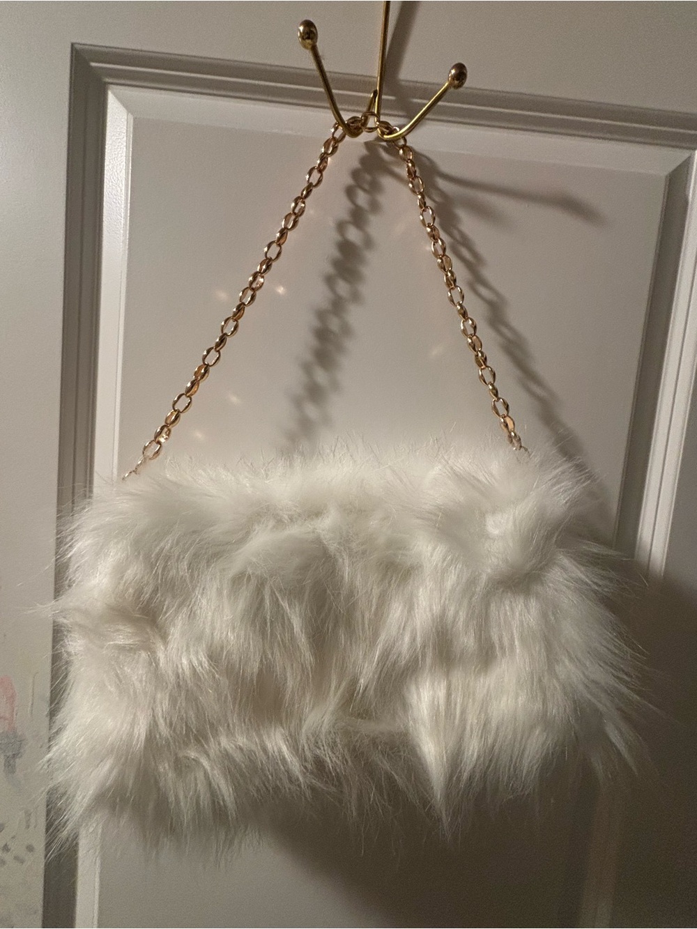 White Faux Fur Shoulder Bag with Gold Chain